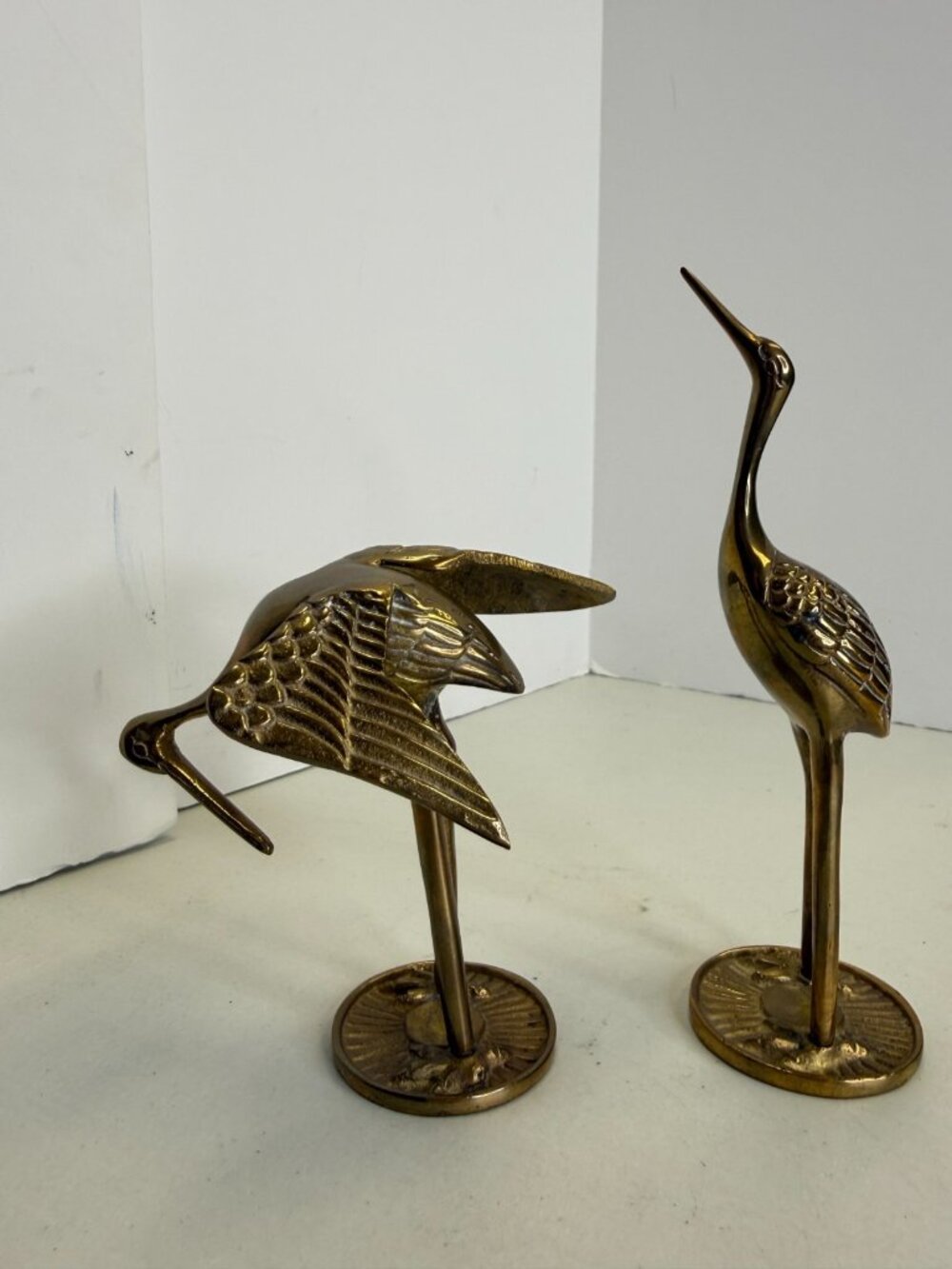 Vintage Brass Bird Pair of 2 Crane Heron Stork Large Figurines 7.5” & 4.5” - Picture 5 of 10